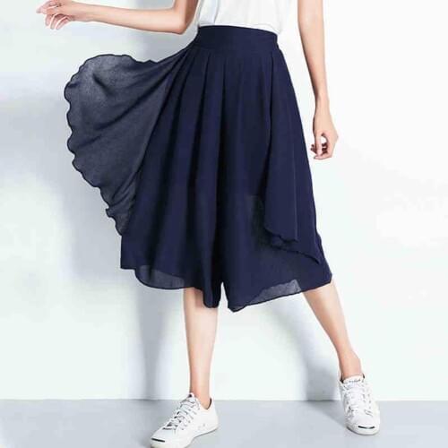 Women Hand Wash Solid Color High Waist Elastic Waistband Wide Leg Cropped Skirt Pants Chiffon Elastic Waistband stylish design