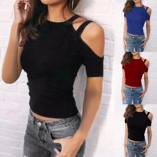 Womens Hot style solid color suspender knitwear short sleeve open shoulder T-shirt 1pcs/lot