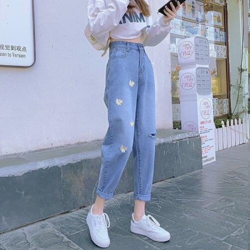 Ladies denim trousers 2021 new high-waist cropped trousers casual loose slim wild straight leg ladies fashion plus size hot sale