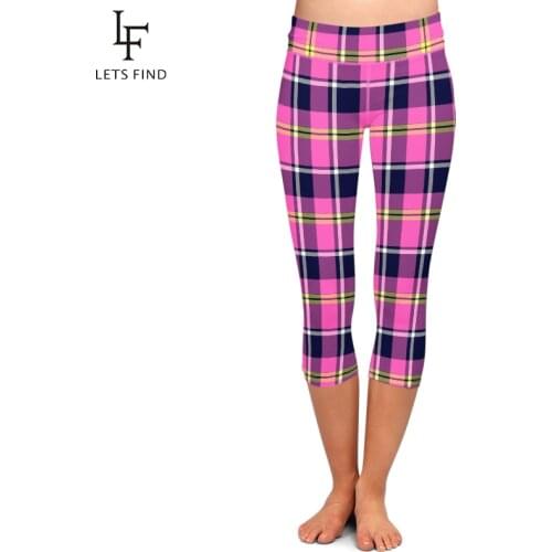 LETSFIND Push Up Women Gothic Capri Leggings Plaid Print High Waist Elastic Soft Plus Size Mid-Calf Leggings Hot Sale