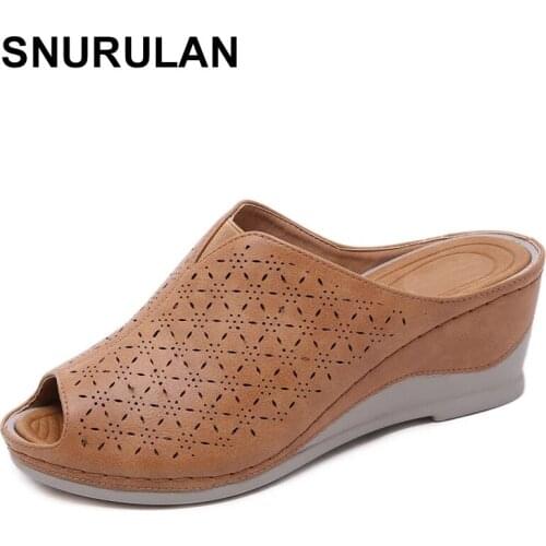 SNURULAN summer women fish mouth slippers PU leather shoes solid thick sole heels beach sandals women outside wedges slides
