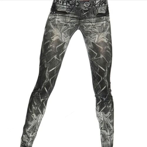New Slim False Imitation Jeans Fitness Leggins Women Denim Leggings Nine Pants Tattoo Painted Leggings Black One Size