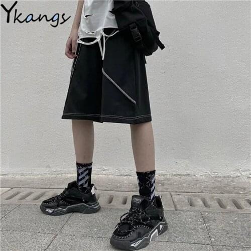 2021 Summer High Street Black Straight Korean Shorts for Women Hip Hop Pants Stitch Aesthetic Sports High Waist Wide Leg Shorts