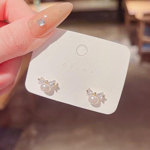 Bowknot Zircon Earrings for Women Delicate Simplicity Geometry Pearl Pendant Stud Earrings Female New Trendy Elegant Ear Studs