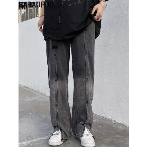 Harajpoo Women Pants Summer Korean Version Ins Retro Gradient Color Loose High Waist Thin Couple Split Straight Wide Leg Jeans