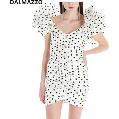 2021 Summer Designer Women Fashion V Neck Single-Breasted Party Midi Dress White Dot Package Hip Sexy Slim Vestidos Female