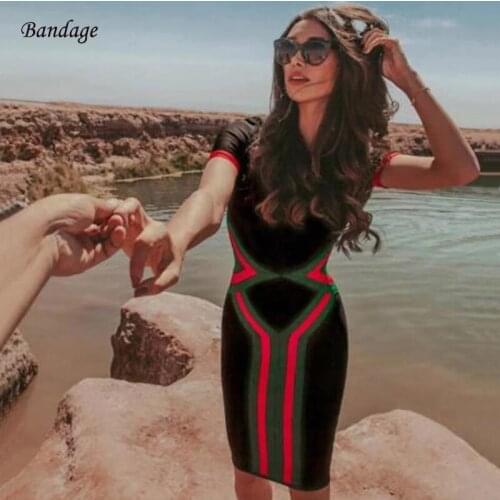 Summer Bandage Dress Women Fashion Short Sleeve Striped Stretch Sexy O Neck Elegant Party Dresses Knee Length Vestidos