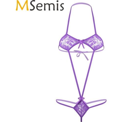 MSemis Womens Ladies Transparent Swimwear Exotic Teddies Floral Lace Bowknot Micro Bikini Bodysuit One-Piece Lingerie Nightwear