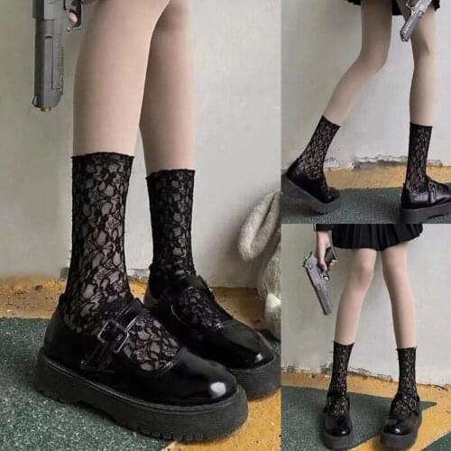 066C Women Vintage Floral Lace Calf Socks Lolita Kawaii Sheer Mesh Hosiery Stockings