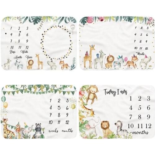 1 Pc Baby Monthly Record Growth Milestone Blanket Newborn Soft Flannel Cartoon Animal Printed Swaddle Wrap Photography Props