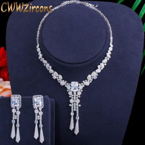 CWWZircons Luxury Bubai Silver Color Cubic Zirconia Dangling Drop Long African Bridal Wedding Jewelry Sets Women Costume T378