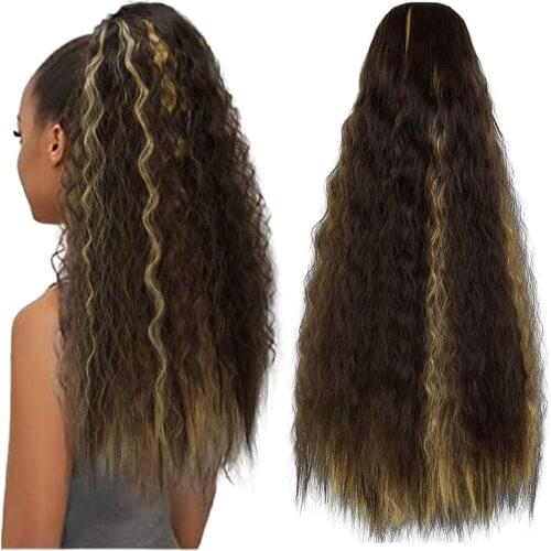 Long Afro Kinky Curly Ponytail for Women Synthetic False Hair Drawstring Rubber Band Hairpieces with Hairpins Hair Extension