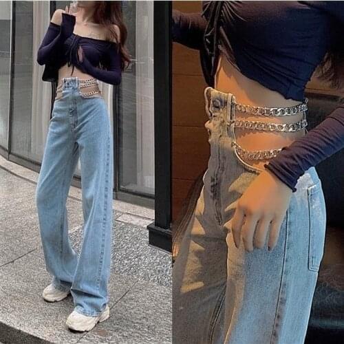 Design Link Chain High Waist Jeans Women Sexy Autumn Korean Loose Wide Leg Jeans Vintage Women Denim Streetwear Women Jeans