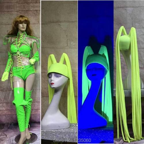 Fluorescent female warrior stage costume sets transparent top bar DJ DS GOGO stage Performance show Long tassel headdress