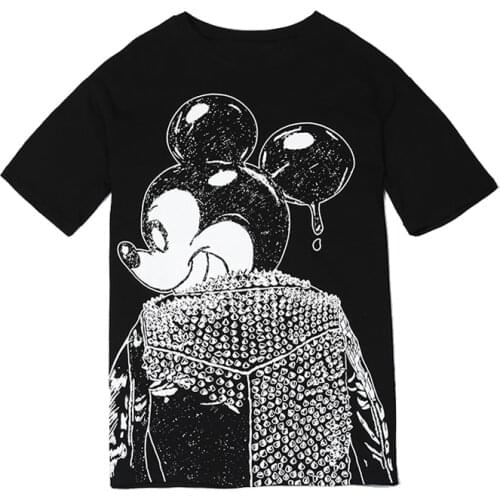 Mouse Rivet Print T-shirt Black White Short Solicitude Punk Rock Hip Hop Cute Girl Top Shirt Upper Garment Casual Summer Tees