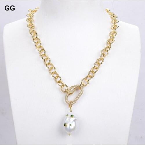 GG Jewelry natural Cultured White Keshi Baroque Pearl Green Cz Pave Gold Color Plated Chain Necklace 18" For Women