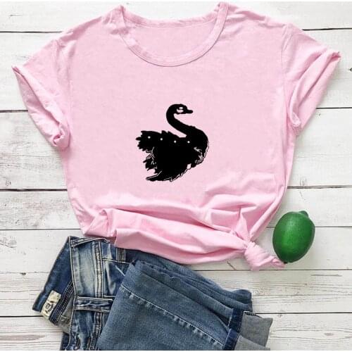 Swan Floral Print T Shirts for Women Short Sleeve O-neck Harajuku Tee Shirt Femme Casual Black and White Women Tshirt Aesthetic