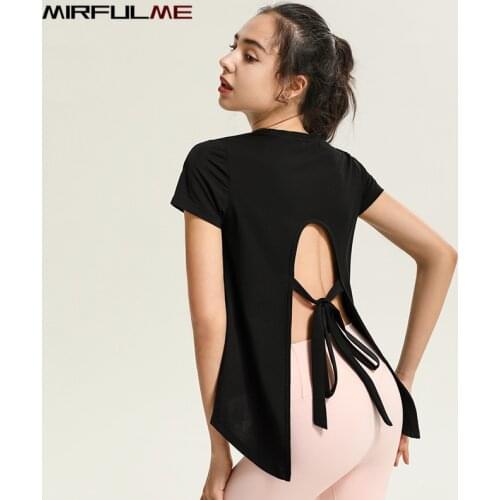 Summer Loose Yoga Shirts Women Hollow Out Bandage Short Sleeve Running T-Shirts Quick Dry Sports Shirts Gym Workout Fitness Tops