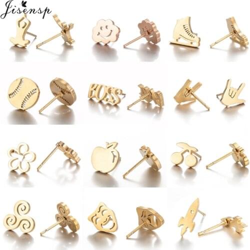 Trendy Women Earrings Tiny Stainless Steel Daisy Flower Cherry Yoga Rocket Stud Earings Sports Earing Piercing Ear Jewelry Gifts