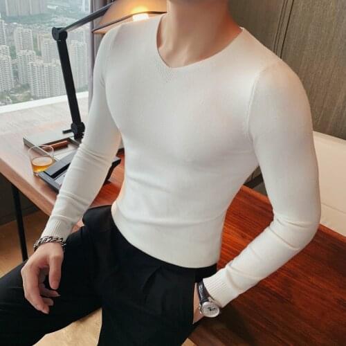 V-neck Solid Color Sweater Mens 2021 Autumn and Winter New Long-sleeved Mens Sweater V-neck Fashion Casual Slim Mens Pullover