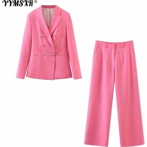 Autumn womens jacket pants two-piece office clothes 2020 new casual double breasted ladies jacket Fashion wide leg trousers