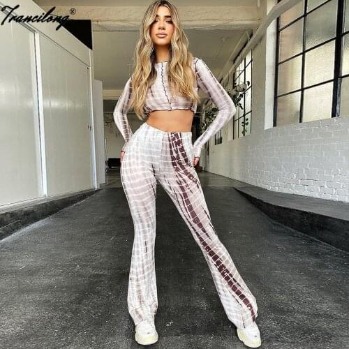 New Tie Dye Conjunto Long Sleeve Tracksuit Crop Top Slim Sexy 2 Piece Sets Flare Pants Womens Outfits Summer 2021 Pullover Suits