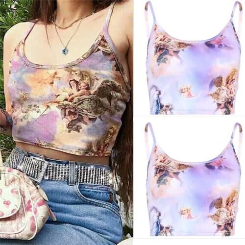 Hot Summer Fashion Women Casual Daily Camis Crop Tops Sleeveless Pretty Stylish Ladies Skinny Clothes Angle Print Crop Tank Top
