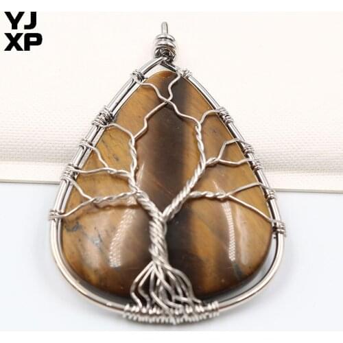 YJXP Wire Wraped Tree of Life Pendants for Necklace Waterdrop Shaped Reiki Healing Natural Tiger Eye Stone Amulet Jewelry