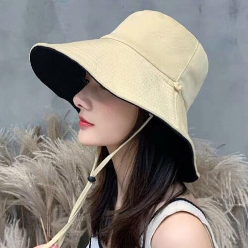 Female Wide Brim Sun Hat With Windproof String 2020 Summer New Fashion Solid Color All Match Foldable Outdoor Anti-UV Sunhat