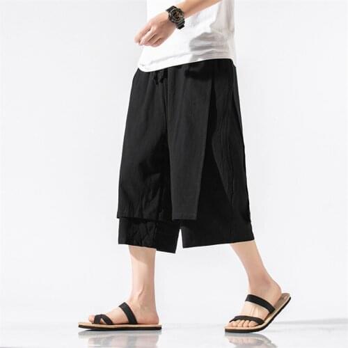 Plus Size M-8XL Wide Leg Pants Mens Thin Cotton Linen Solid Patchwork Pants Elastic Waist Calf-Length Trousers Summer Clothes