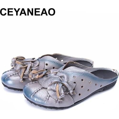 CEYANEAO Women Sandals 2018New Female Fashion Soft Genuine Leather Hollow Out Moccasins mother shoes Flat sandals women