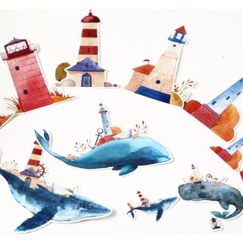 12 PCS Whale and lighthouse Stickers Crafts And Scrapbooking stickers book Student label Decorative sticker kids toys