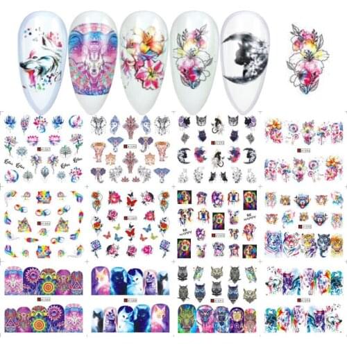 12 styles Animal Series Watermark Decals Tattoo owl/Elephant/dog/cat/tiger/Fox Mixed Design Nail Sticker Sliders Beauty Decor