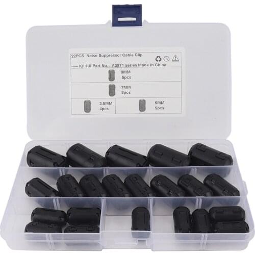 22pcs 3.5mm/5mm/7mm/9mm Clip On Clamp Ferrite Core Ring Kit Noise Suppressor Filters Cable Connector Small Clamp Cable Black