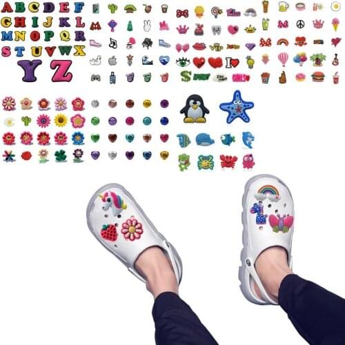 50pcs Fruit Flower Animals PVC Shoe Charms Unicorn Dog Decorations Medical Accessories Rainbow Letters Ornament Crystal Gem Gift