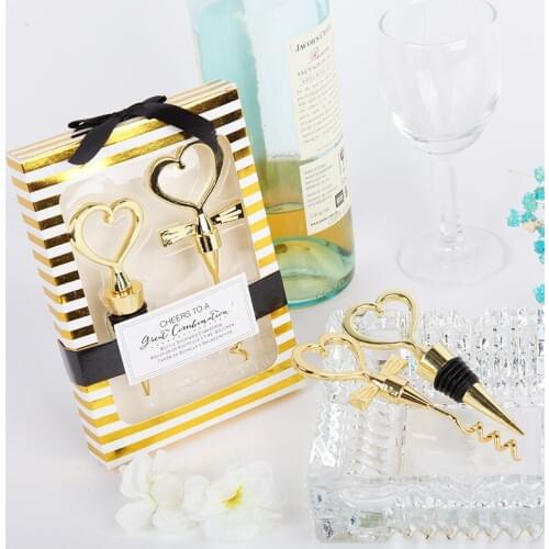Free shipping 150pcs/lot=75set Cheers To A Great Combination Gold Wine Set Bottle Opener Cork Screw Stopper Wedding Souvenirs