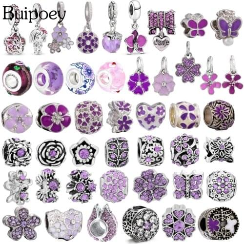 Buipoey 2pcs/lot Purple Butterfly Flower Beaded Peach Blossom Daisy Dangle Charm Magnolia Pendant Fit Brands Bracelets Making