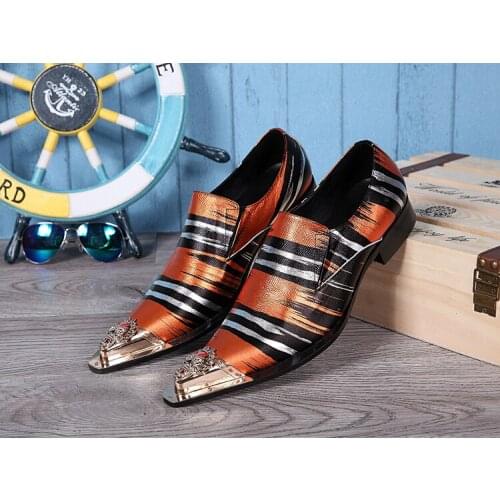 Christia Bella Golden Metal Pointed Toe Man Orange Large Size Shoes Stripe Genuine Leather Mens Party Shoes Man Fashion Shoes