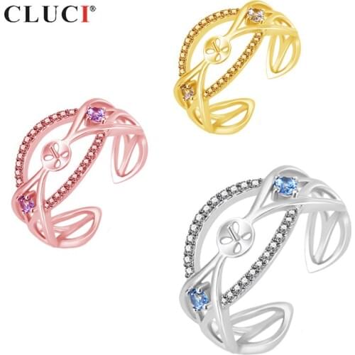 CLUCI Silver 925 Pearl Ring Mounting Women Jewelry 925 Sterling Silver Adjustable Open Rings Zircon Eye Shaped Rings SR2179SB