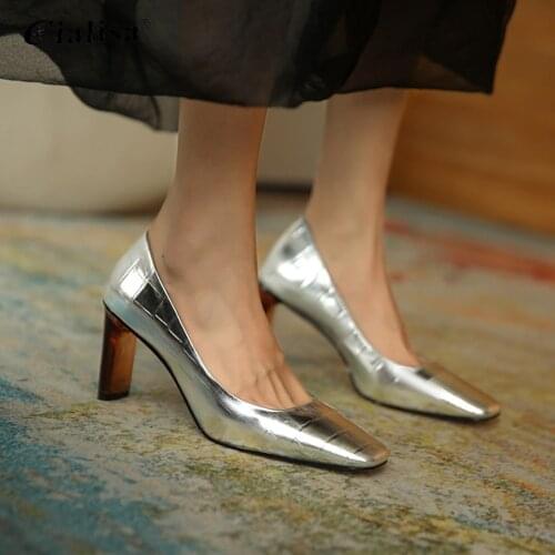 CIALISA Womens Shoes High Heel Pump Genuine Leather Office Lady Thick Heel Square Toe Women Pumps