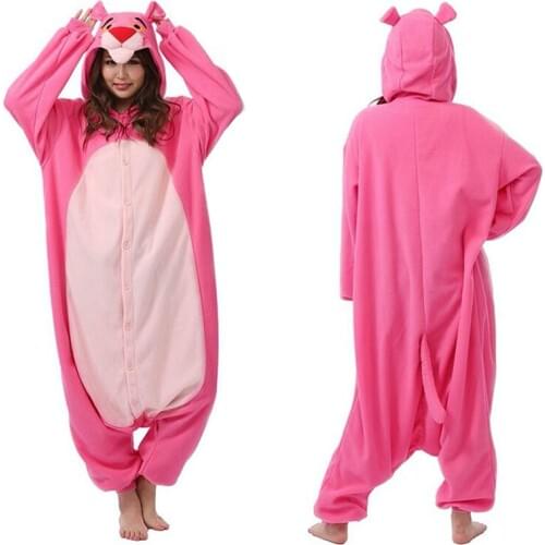 Luxury Polar fleece Pink Panther Pajamas Animal Winter Warm Women Leopard Onesies Adult Party Cosplay Costume 3D Animal Hooded