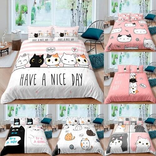 Cartoon Kitten Printed Bedding Set Cute Pet Cats Duvet Cover Set For Girl Twin Full King Double Sizes Pillowcase Home Bedclothes