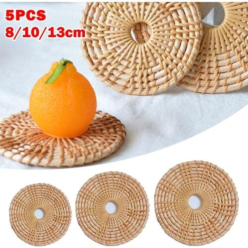 5pcs Round Natural Rattan Coasters Bowl Pad Handmade Insulation Placemats Table Padding Cup Mats Kitchen Decoration Accessories