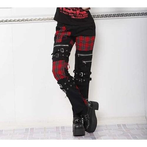 Fashion Mens Dance Plaid Clubwear Punk Belt Buckle Printed Hip Hop Gothic Zippers Chains Pants Trousers Graffiti Straight New