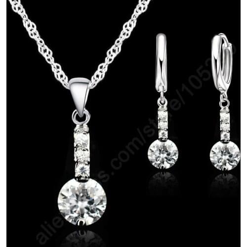 Fashion Austrian Crystal 925 Silver Wedding Jewelry Sets For Women Pendant Necklace Earring Bridal Jewellery Set