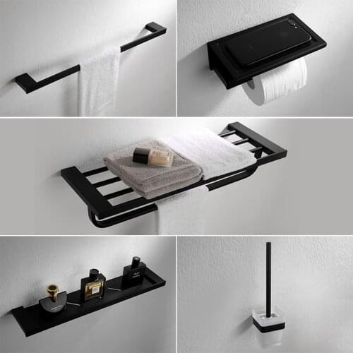 Bathroom Accessory Set 304 Stainless Steel Towel Rack Corner Shelf Paper Holder Toilet Brush Holder Matt Black Bath Hardware set