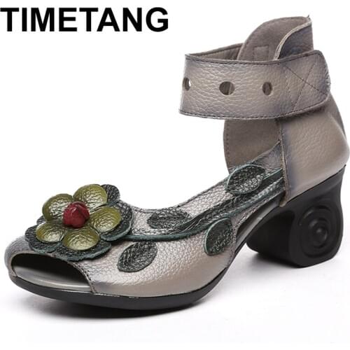TIMETANG 2021 Women Thick Heels Sandals Flower Ethnic Style Summer Handmade Genuine Leather Shoes Personalized Women Sandal