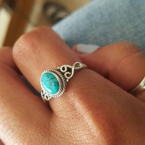 Vintage Antique Natural Stone Ring Fashion Jewelry Gift Blue Turquoises Finger Ring For Women Wedding Anniversary Rings