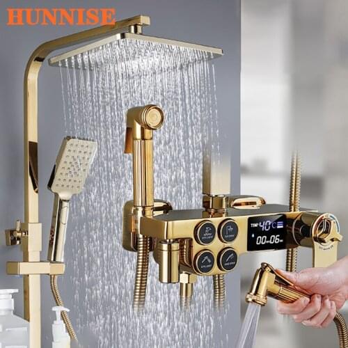 Thermostatic Shower Set HUNNISE Quality Brass Bathroom Mixer Faucets Tap Rainfall Shower Head Hot Cold Digital Shower System Set