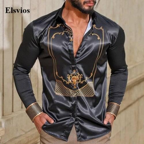 Streetwear Male Autumn Long Sleeve Button Tops Vintage Pattern Printed Slim Shirt For Mens Casual Turndown Collar Fashion Shirts
